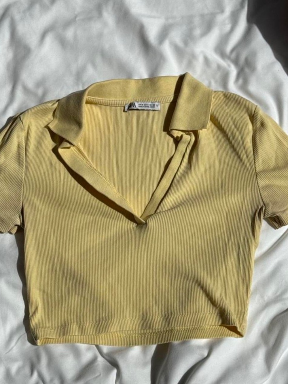 Zara Butter Yellow Ribbed Cropped Polo Top